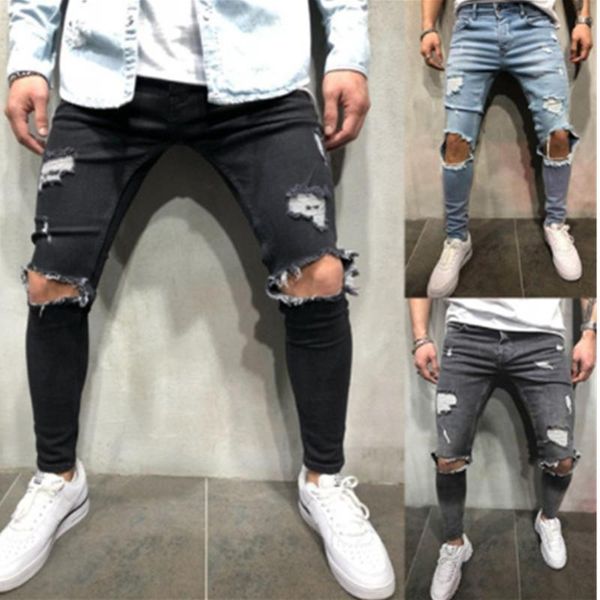 

3 styles men stretchy ripped skinny biker embroidery print jeans destroyed hole taped slim fit denim scratched jean, Blue