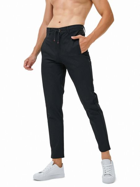 

men drawstring waist slant pocket tapered pants w08o#, Black