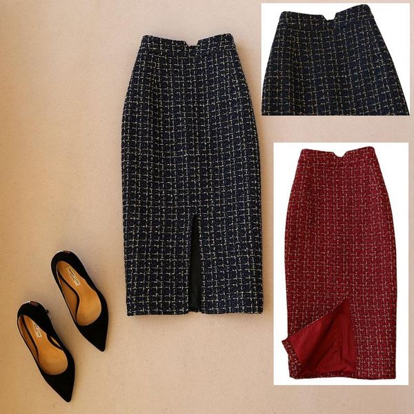 

skirts finer choi's classic plaid faux woolen one step skirt office lady elegant medium long slit high waist bud, Black