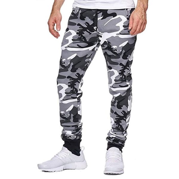 

men camouflage trousers casual elastic waist cuffed feet tapered long sports pants loose jogger streetwear with pocket, Black