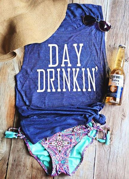 

2021 summer women tank day drinkin polyester letter print casual tank female o neck sleeveless t shirt blue ladies, White