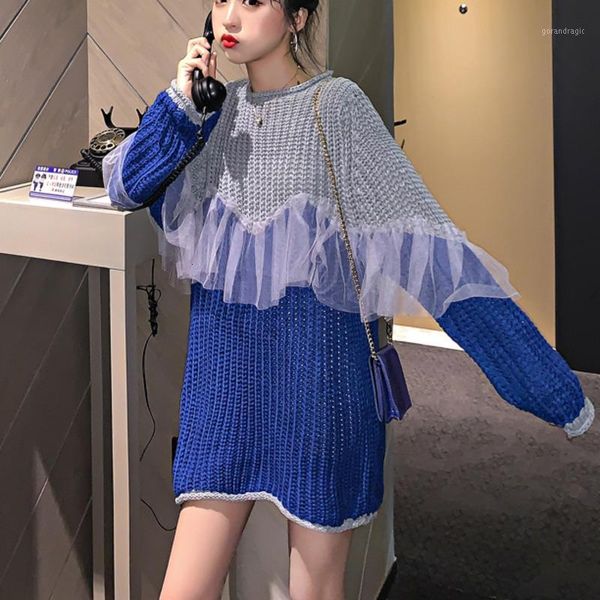 

fashion tide new autumn and winter fashion round neck pullover thick stitching mesh loose short sweater pa9911, White;black