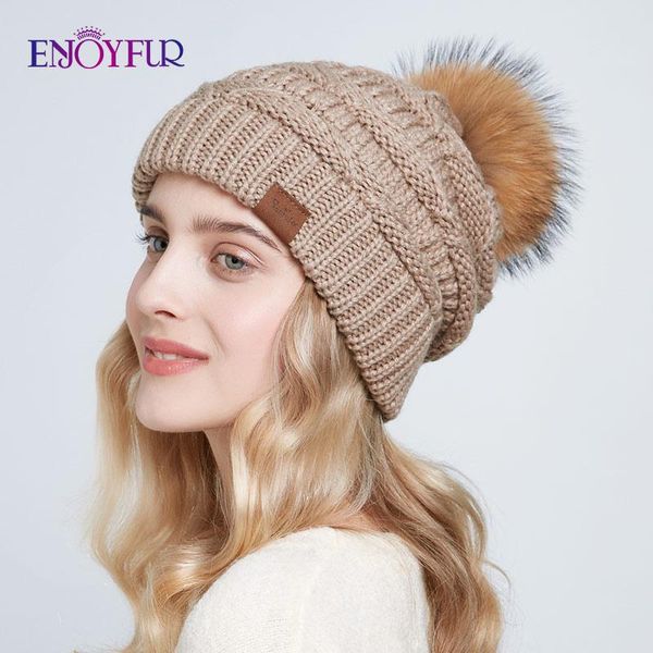 

ENJOYFUR Real raccoon fur pompom hats for women winter warm knit slouchy beanies female baggy ski caps, Blue;gray