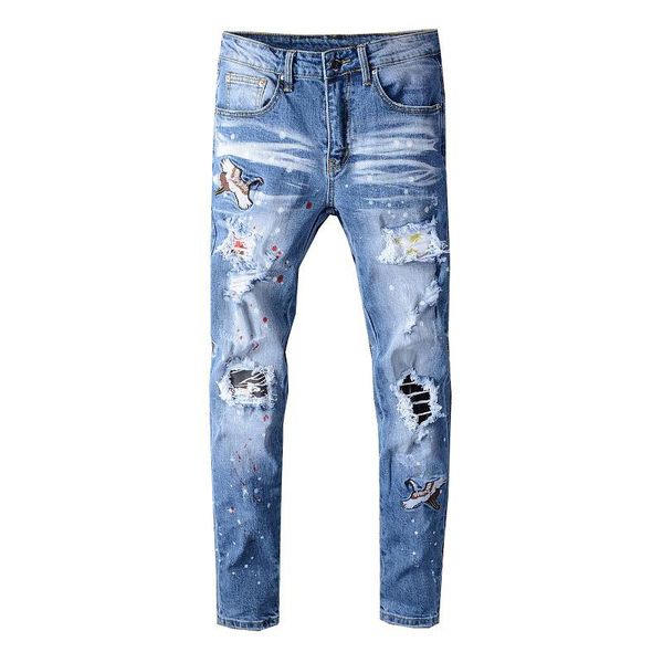 

sokotoo men's bird embroidered painted ripped jeans streetwear holes patchwork stretch denim pants, Blue