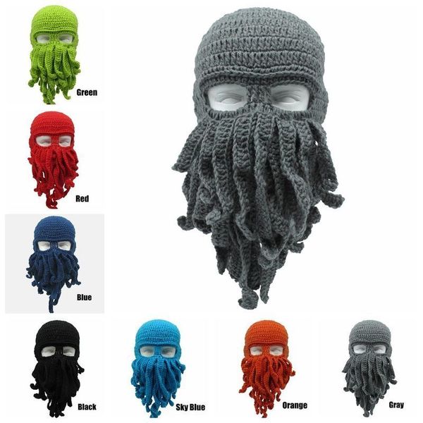 

novelty handmade funny tentacle ocs hat crochet cthulhu beard beanie men's women's knit wind mask cap halloween animal gift, Blue;gray