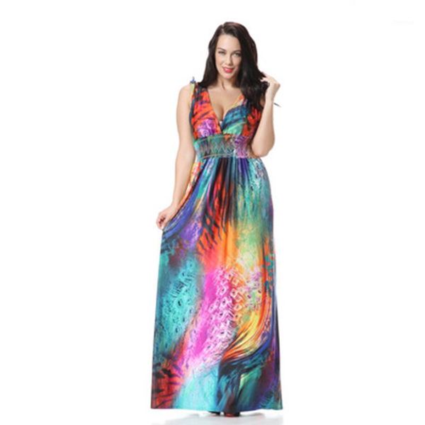 

bohemian dress women large plus size7xl super long beach holiday colorful feather flower dress abayas for women ramadan eid1, Red