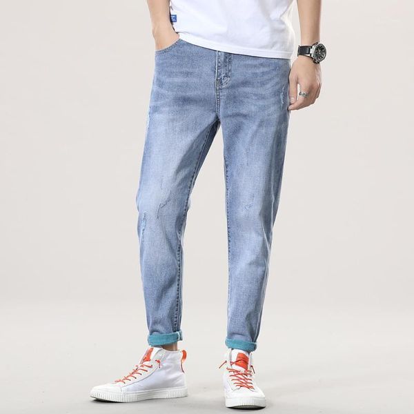 

european american style cotton distressed men jeans casual retro ripped jeans men stretch slim denim for1, Blue