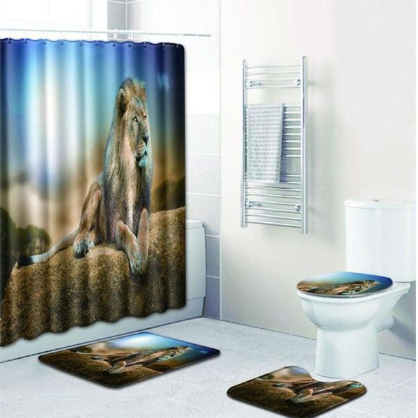 

lion pattern printing non-slip home toilet pad cover bath mat + shower curtain set1