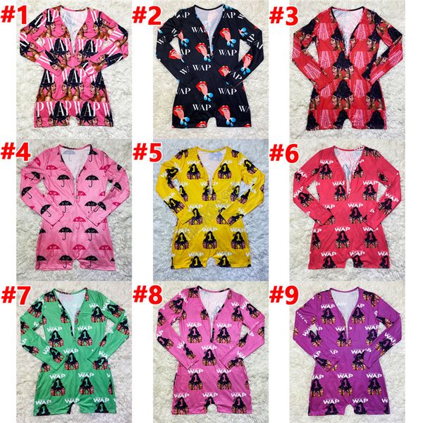 

women jumpsuit wap letters umbrella printing long sleeves shorts romper v neck home jumpsuits caroon casual siamese trousers d102304, White