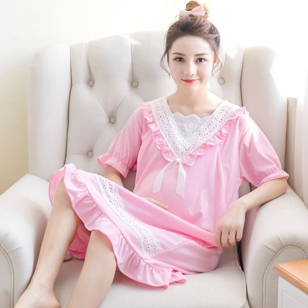 

wholesale maternity lactation lounge summer short sleeve v-neck lace collar cotton nursing dress breastfeeding sleep clothes lj201120, White