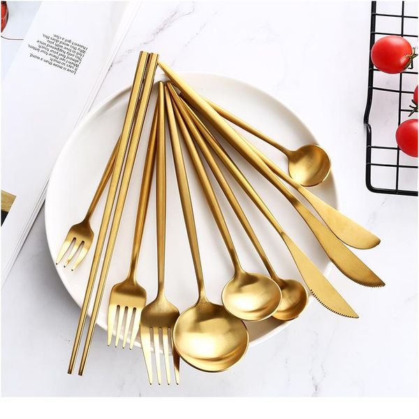 

gold cutlery steak knife fork coffee spoon teaspoon butter knives dessert fork spoon chopsticks stainless steel dinner bbystp