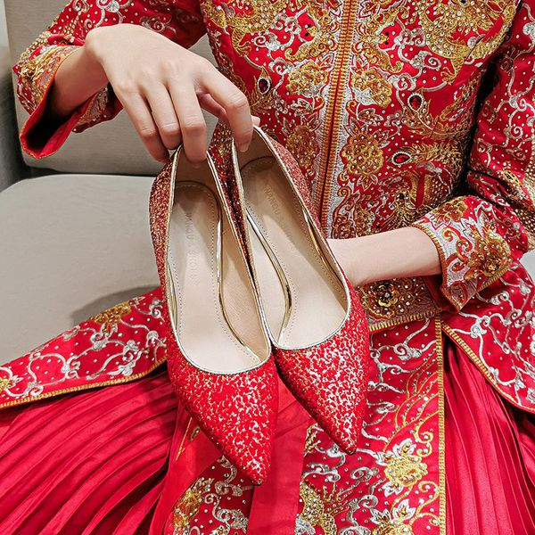 

red wedding women's 2020 new chinese style diamond sequin high-heeled shoes, xiuhe dress bridal shoes