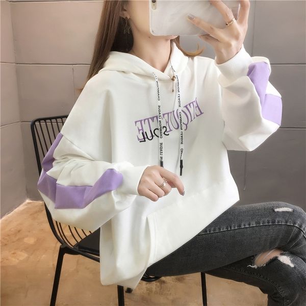 

women's new 2020 korean version of sweater large size loose letter color matching head hooded sweater student girl ann9e, Black