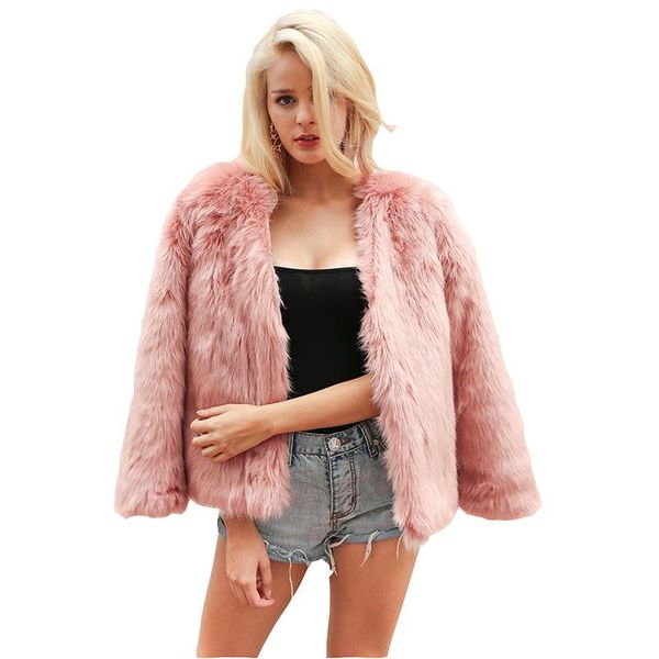 

new han faner furry winter jacket female warm pure color short jackets woman's long sleeve faux fur jackets overcoat, Black