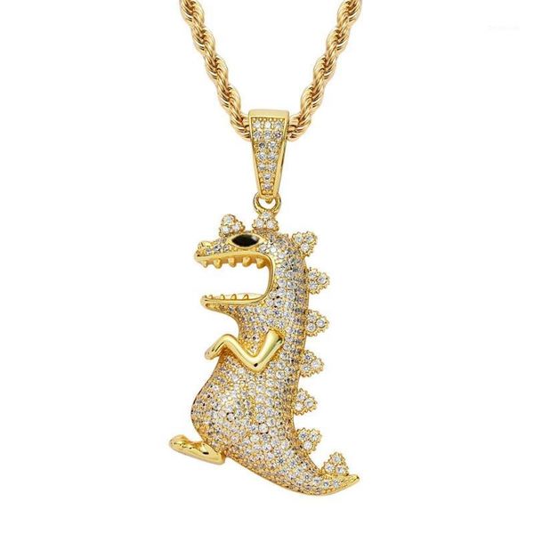 MATHALLA Uomo Hiphop Animale Dinosauro CZ Ciondolo Gioielli Iced Out Cubic Zircon Ciondolo Ottone Rame Collana a catena in oro Joyeria1