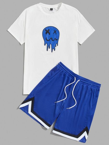 

men cartoon print tee & drawstring shorts set t4e1#, Gray