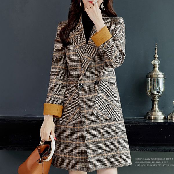 

2021 mid-long autumn winter new korean casual wild double-breasted suit collar slim plaid women's woolen coat aa26, Black