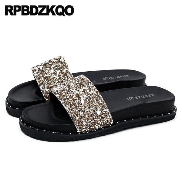 

сандалии flat 11 nice silver rivet bling кристалл люкс обувь женщины дизайнер gold stud плюс размер платформы тапочки алмазный слайды, Black