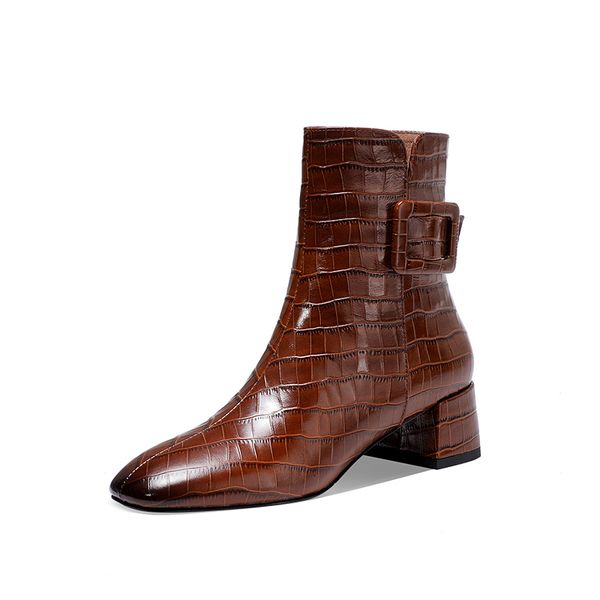 

2021 new buckle decoration genuine leather women ankle boots high heels party wedding shoes woman square toe office pumps gvi1, Black