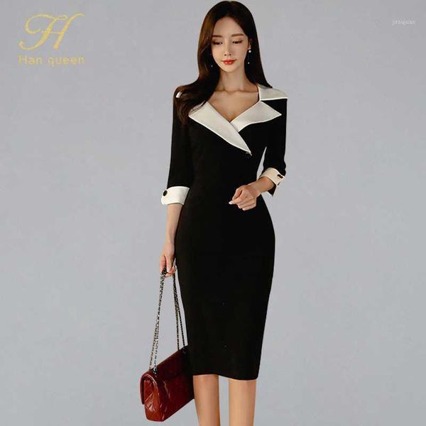 

h han queen women new notched neck black sheath pencil dress fashion slim work bodycon dresses office business vestidos1, Black;gray