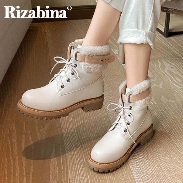 

boots rizabina real leather women short fashion platform warm fur plush winter shoes woman cross strap lady footwear size 34-391, Black