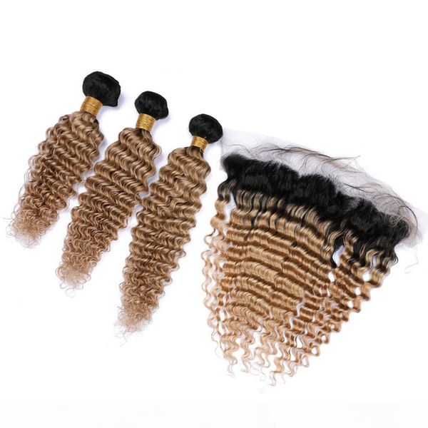 

deep wave virgin malaysian human hair honey blonde ombre weaves with frontal #1b 27 ombre 13x4 lace frontal closure with 3pcs bundles, Black;brown