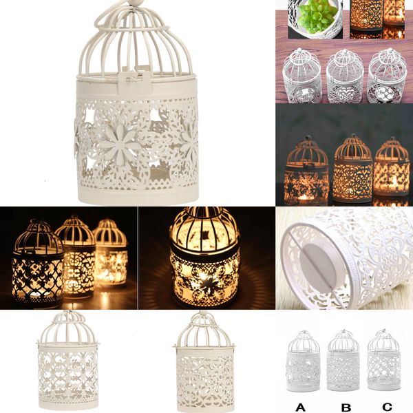 

white 3 types metal hollow candle holder tealight candlestick hanging lantern bird cage home decoration lanterns 1 nh751