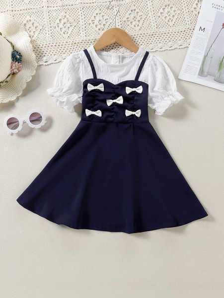 

toddler girls bow front puff sleeve flare dress she, Red;yellow