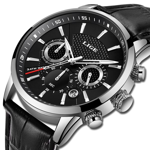 

2019 new mens watches lige brand luxury leather casual quartz watch men sport waterproof clock black watch relogio masculino t200113, Slivery;brown