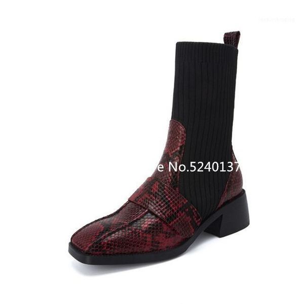 

new leather knitting patchwork women mid-calf boots square toe slip-on elastic chunky heel slim boots female1, Black