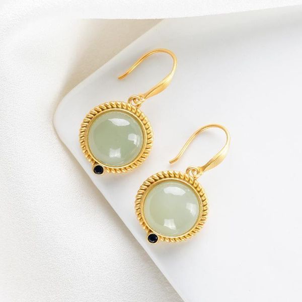 

new silver inlaid natural hetian sapphire round earrings chinese style retro court elegant light luxury charm women's jewelry