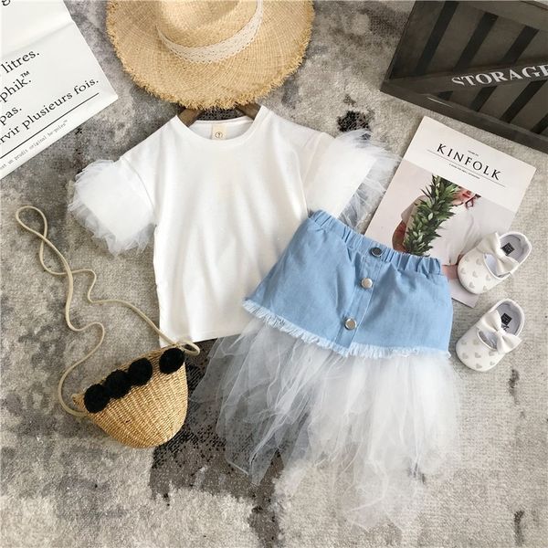 

summer girls t shirt baby tee kids children pullover clothes fashion flying sleeve mesh dot sequin patch solid 2 to 8 yrs y200409, Blue