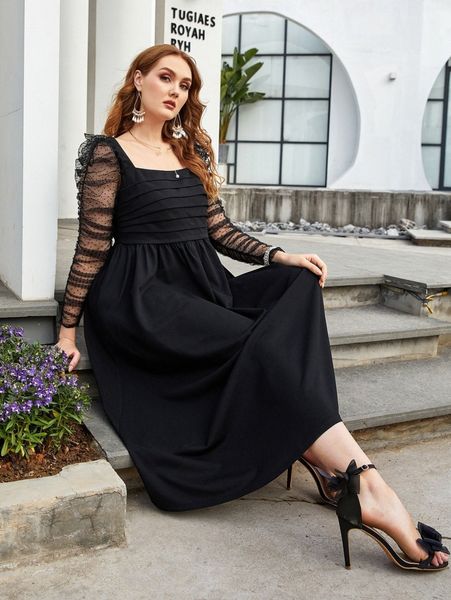 

plus ruffle detail mesh flared hem dress s7he#, Black