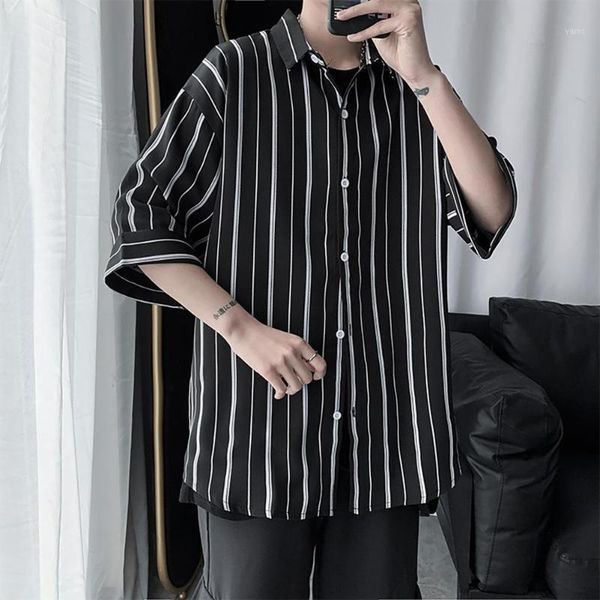 

regular striped short sleeves turn-down collar drop-shoulder men loose shirt polyester cotton hand wash comfortable striped1, White;black
