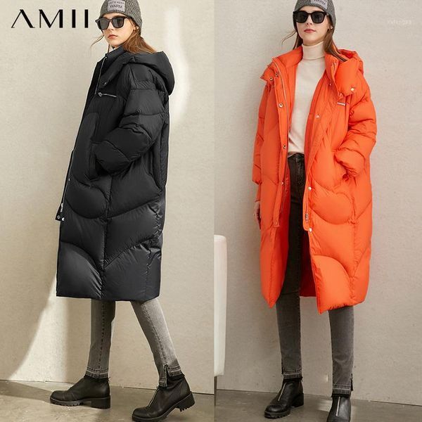 

amii fashion 90% white duck thick down coat winter women casual hooded solid loose female long jacket 119404881, Black