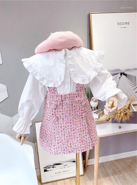 

spring autumn girls 2 pcs set baby blouse + suspender skirt kids suit children brand clothes ruffle neck check gunny 2 to 7 yrs1, White