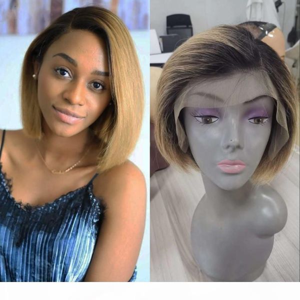 

mongolian straight wig 1b 27 human hair wigs for women ombre color bob lace front wigs, Black;brown