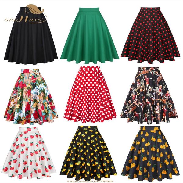

cotton black skirt womens midi summer skirt floral polka dots black red blue plus size high waist plaid women skirt