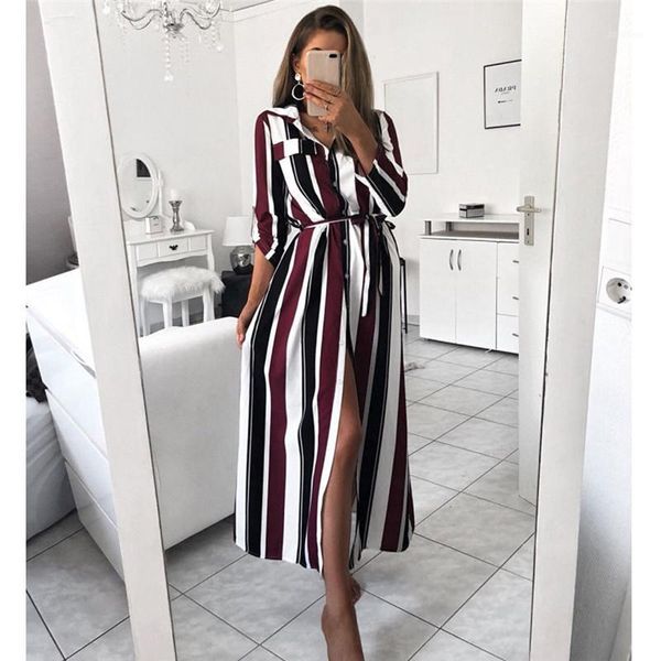 

womens fashion button rainbow striped short sleeve long dress elegant high waist loose party t shirt dress streetwear1, Black;gray