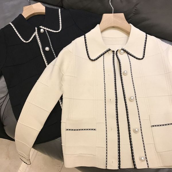 

new style in early autumn elegant french style small fragrance pearl button cardigan knitted short coat female short coat pearlpearlpearlaut, White;black