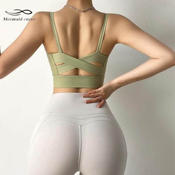 

mermaid curve back cross women sports bra u collar running yoga vest high strength shockproof gym training fitness bra, White;black