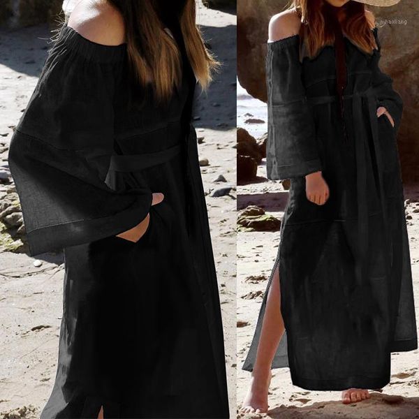 

2019 causal women long sleeve pleated shirt dress celmia vintage loose long maxi dress off shoulder spit vestidos plus size1, Black;gray