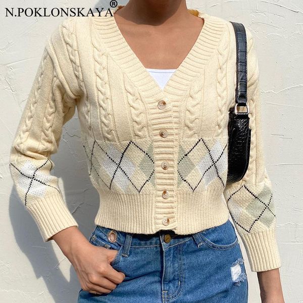 

women's knits & tees autumn winter sweater long sleeve v neck button down cardigans women argyle plaid knitted short casual female kni, White