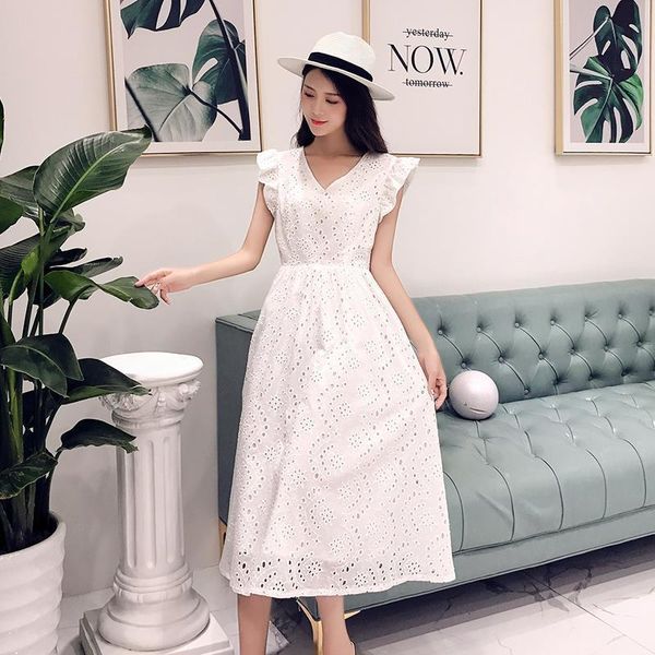 

2021 high end custom heavy industry hollow out water soluble lace dress v neckembroidered white party dresses drop shipping good quality, Black;gray
