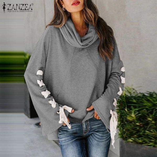 

fashion hooded pullovers women's spring blouse zanzea 2021 causal flare sleeve shirts female solid bandage plus size chemise, White