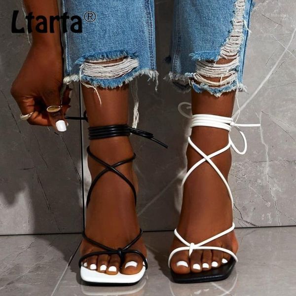 

sandals ltarta fashion lace up women square toe thin heel cross tied party shoes 9cm high 35-42 -636-411, Black