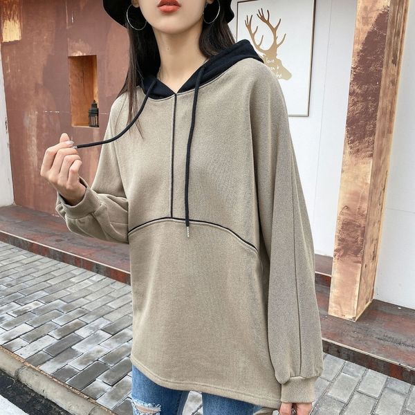 

emgzd 2020 sweatersweater твердых осенний свитера с платье top цвета splicingversatile мода тонкого рукавом с капюшоном шнурка показать длин, Black