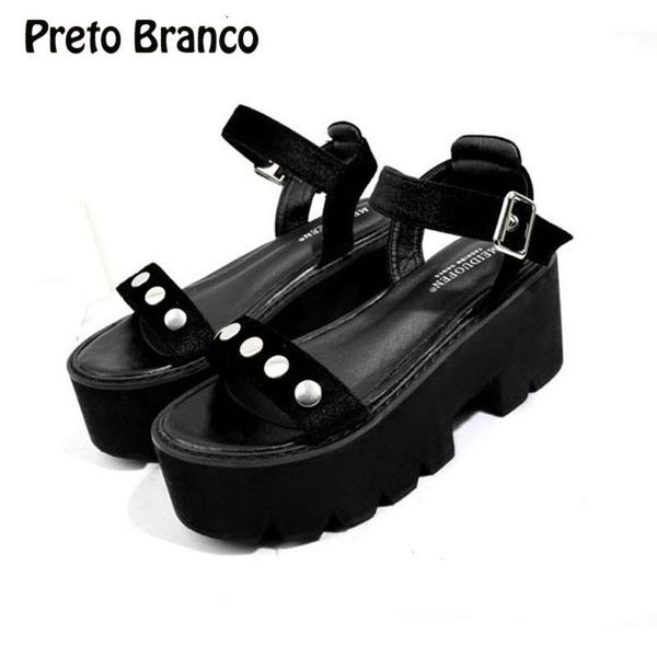 

preto branco women platfrom sandals catwalk willow cake thick bottom one word slope heel high heel sandals -l3800-31, Black