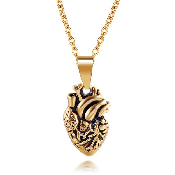 

stainless steel minimalist anatomical gold heart pendant neckalce black heart organ neckalces jewelry for men women, Silver