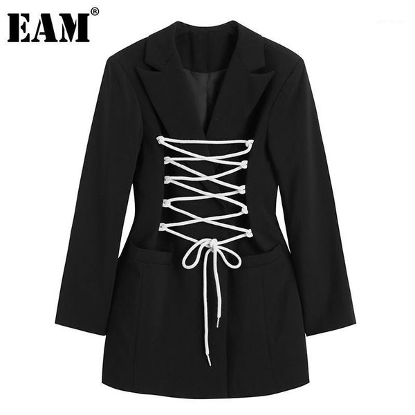 

eam] women black brief bandage temperament blazer new lapel long sleeve loose fit jacket fashion spring autumn 2020 1db4071, White;black